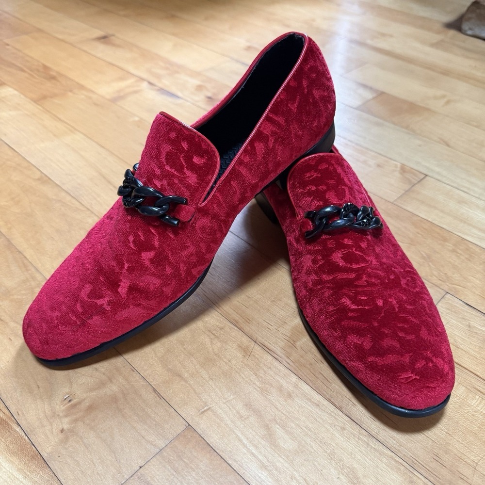 Robert David Men's Shoes Smoking Slipper Red Embossed Velvet 9.5 Prom Wedding